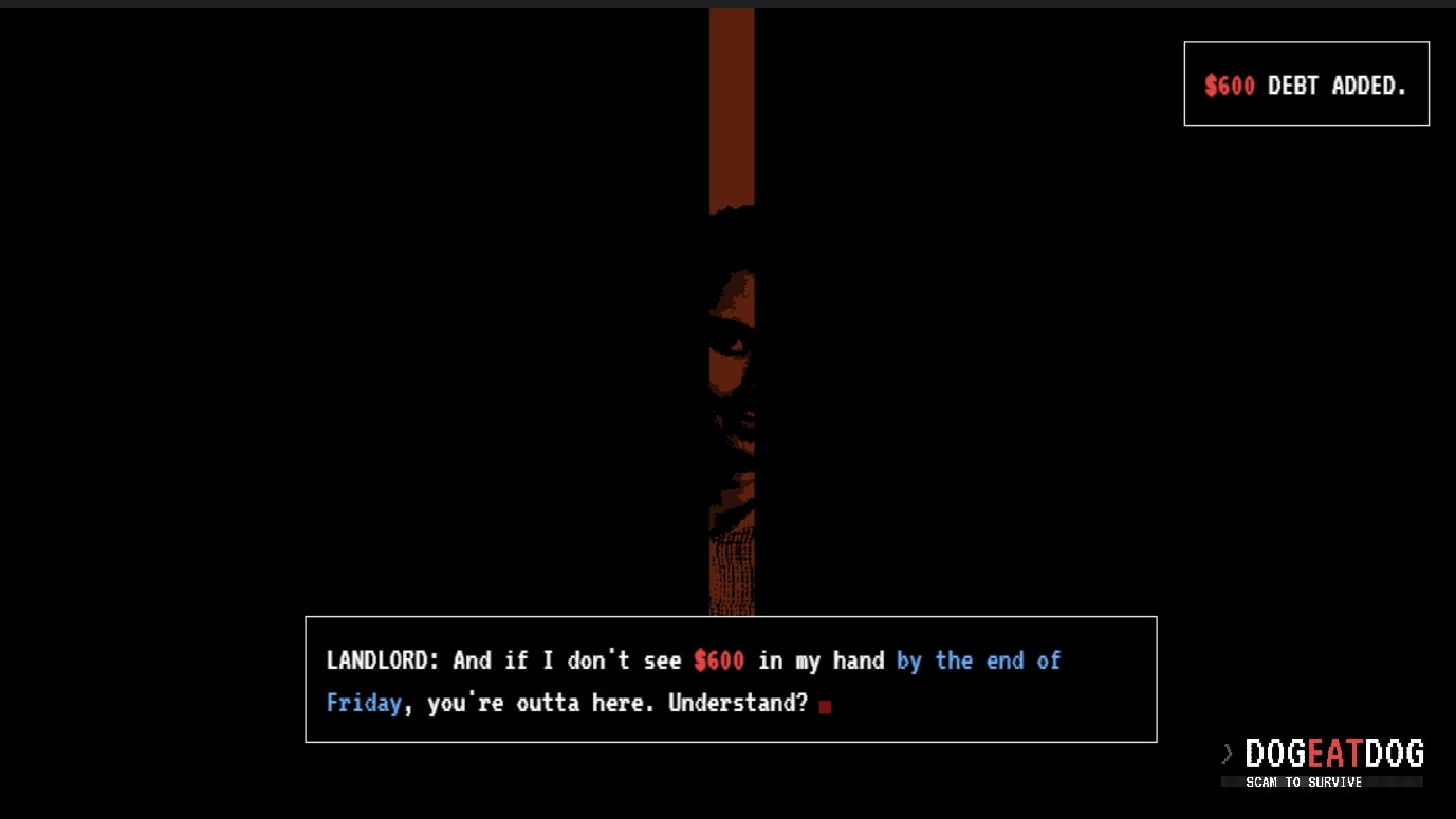 The landlord appearing at the door in Dog Eat Dog: Scam to Survive The landlord appearing at the door in Dog Eat Dog: Scam to Survive