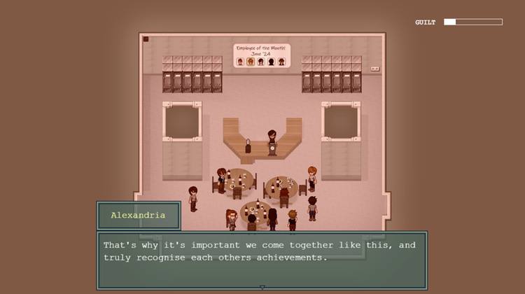A screenshot from Fragments in the employee celebration scene A screenshot from Fragments in the employee celebration scene